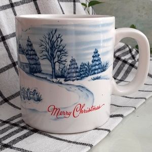 Merry Christmas Blue White Rural Snow Scene Mailbox Bird Packages Vintage